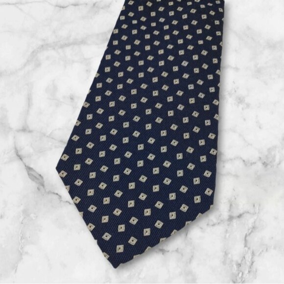 Vintage Polo Ralph Lauren Dark Blue Small Squares Geometric Silk Tie - Picture 1 of 8